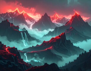 Dramatic landscape vibrant red and blue lights highlighting mountainous terrain, cascading waterfalls, and swirling mists