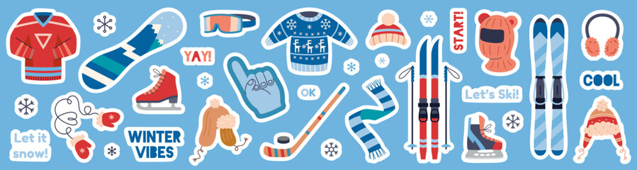 Naklejka premium Winter sports and clothing set in sticker style. Skiing, snowboarding and skating. Cold season gear concept. Die cut with white outline. Trendy modern flat vector illustration