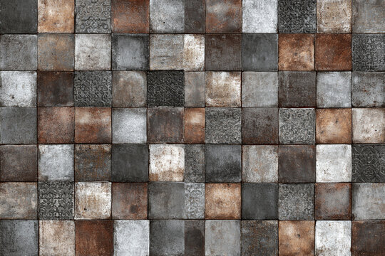 Rustic textured square tiles in a checkerboard pattern with earthy tones and distressed finishes - Powered by Adobe