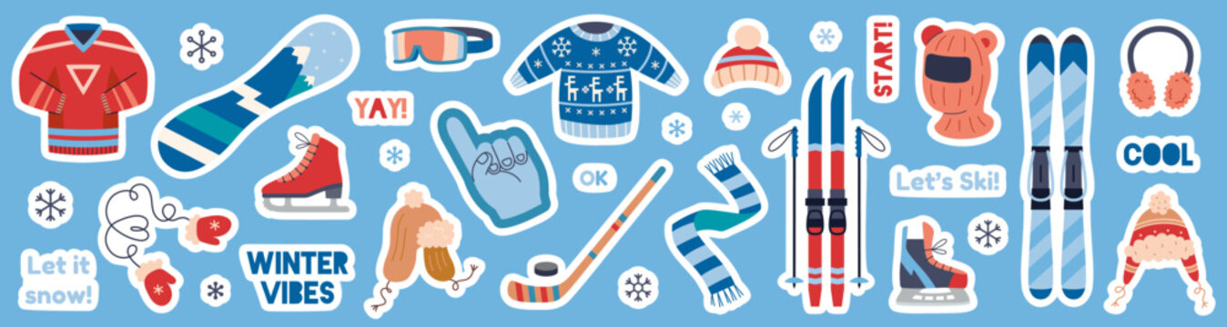 Winter sports and clothing set in sticker style. Skiing, snowboarding and skating. Cold season gear concept. Die cut with white outline. Trendy modern flat vector illustration