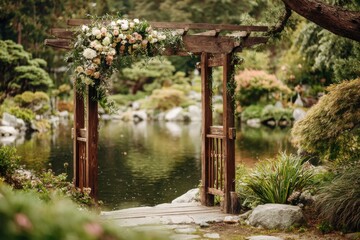 Wooden arbor with floral arrangement stands by serene pond in a beautiful garden setting