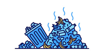 Naklejka premium Overflowing garbage with banana peels and plastic bottles in blue outline