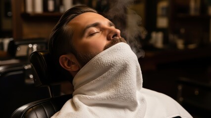 Caucasian male enjoys relaxing steam towel treatment at barbershop