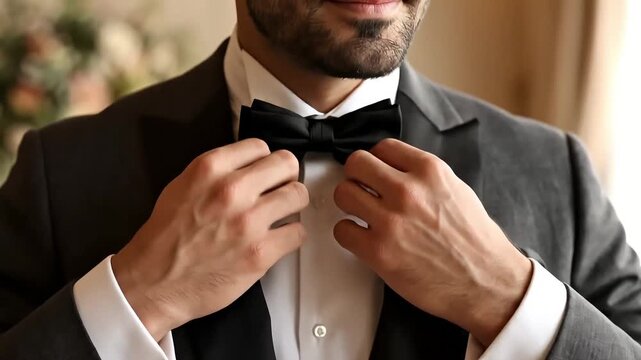 Elegant man preparing for a formal event, adjusting his black bow tie and white shirt collar in a grey suit, perfect for wedding narratives and luxury commercials.