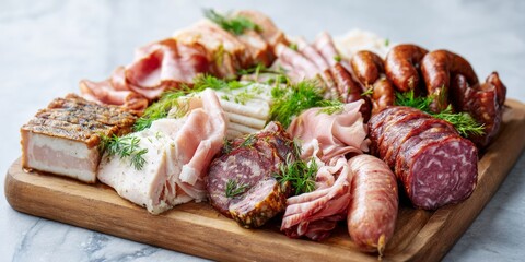 Delightful assortment of pork cold cuts and sausages showcasing culinary artistry and vibrant flavors in a sunlit setting