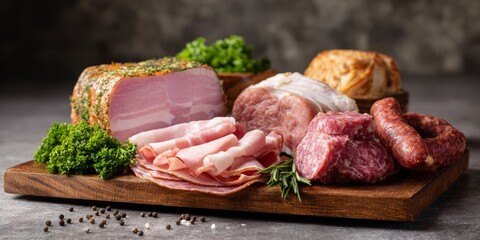 Delicious display of assorted pork cold cuts and sausages on a wooden board with fresh garnishing in bright daylight