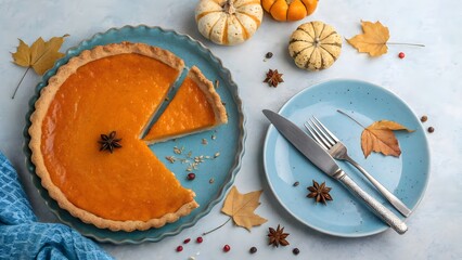 Homemade pumpkin pie, a classic autumn dessert, with a slice removed, served on a blue plate alongside festive fall decorations and cutlery