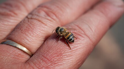 Bee sting causes swelling on hand with close-up view of a honeybee resting on skin during a warm summer afternoon