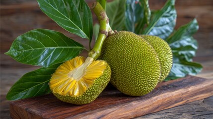 Discovering the unique textures and colors of raw jackfruit displayed on a rustic wooden surface