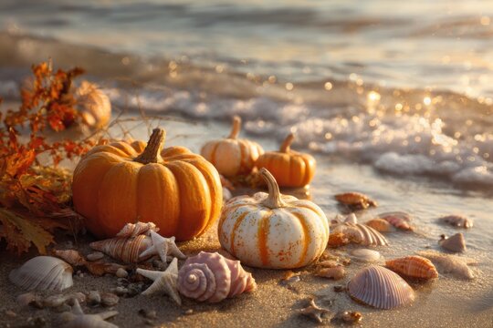 Golden light illuminates pumpkins and seashells along a serene beach at sunset, creating a tranquil autumn scene by the ocean