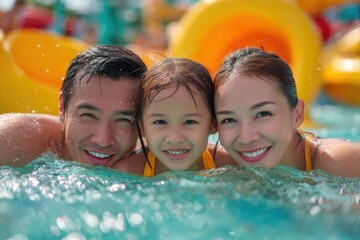 Happy family enjoys quality time together in the pool on a sunny day filled with laughter and joy