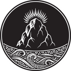 Mountain and Tribal Wave Circle Emblem - Black and White