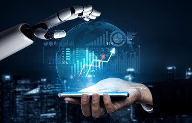 A robotic hand reaches toward a globe depicting financial data and graphs, highlighting the fusion of technology and business for a groundbreaking future in analytics. Scalp