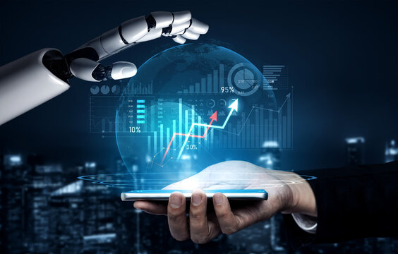 A robotic hand reaches toward a globe depicting financial data and graphs, highlighting the fusion of technology and business for a groundbreaking future in analytics. Scalp - Powered by Adobe
