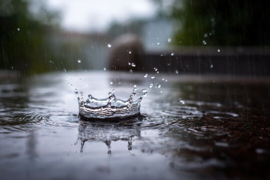 Closeup view of raindrop creating a crown splash in water during a rainy day on a reflective surface in a tranquil outdoor setting