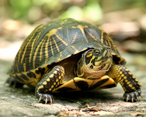 Obraz premium Gentle eastern box turtle exploring a sun-dappled forest floor, conveying peace and natural wonder, perfect for conservation projects and educational materials