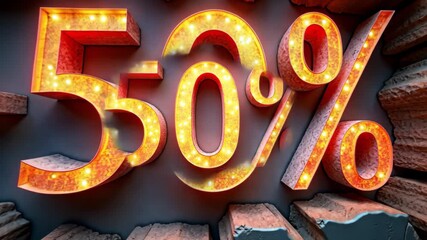 Glowing 50 percent discount sign emerging from cracked wall, revealing sale promotion. Marketing concept for big offer and special deal.