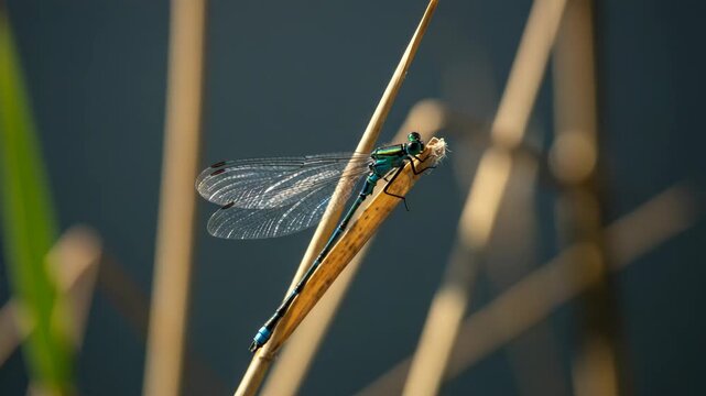 Blue Damselfly on a Reed Stem Near Water