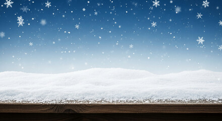 Image of snowy landscape with a wooden plank, snowflakes falling, representing winter season and holiday background, perfect for Christmas or cold weather