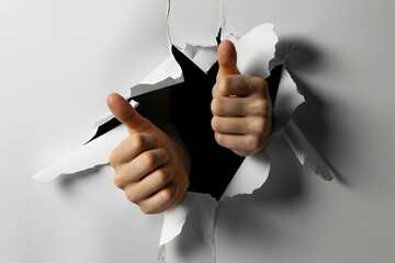 Hands Giving Thumbs Up Through a Tear in White Paper