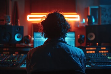 Music producer working in a recording studio using modern equipment for sound mixing and production in a creative environment during late evening hours