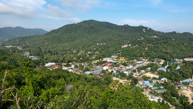 Ko Tao island village view with green hills and tropical landscape, Surat Thani, Thailand, Southeast Asia.