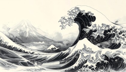 Dramatic monochromatic wave art, featuring dynamic ocean currents, distant mountains, and a calm, muted sky background