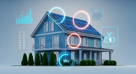 Blue house with solar panels and digital energy icons 1