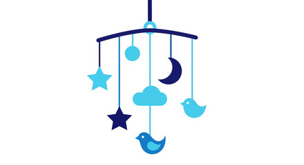 Blue baby mobile with birds and stars on white background