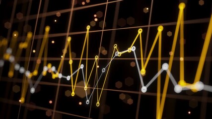 Looped 3D animation of glowing financial graphs with yellow and white data lines moving across a dark digital grid. Ideal for finance, analytics, trading, and economic visuals. - Powered by Adobe