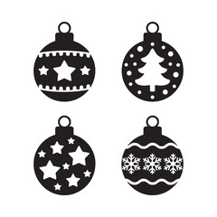 Four black and white christmas ornaments with festive designs