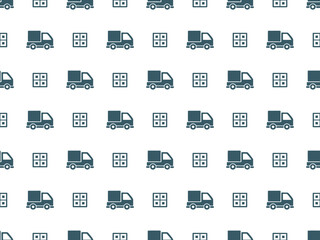 A repeating pattern of delivery trucks and boxes on a white background.