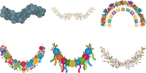 Collection of colorful floral garland decorations isolated on transparent background for festive events and celebrations