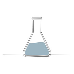 Minimalist one line art illustration of Erlenmeyer flask filled with blue liquid