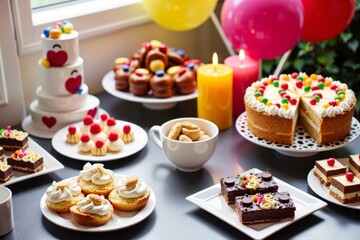 A Stunning Aerial View of a Thoughtfully Curated Dessert Spread at a Festive Event, featuring a Palette of Vibrant Treats and Decorations.
