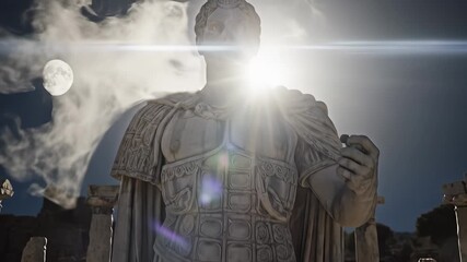 A majestic statue stands amidst ancient stone columns, illuminated by moonlight while clouds drift overhead. The statue's presence commands attention in this historical setting und