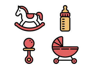 A rocking horse, baby bottle, rattle, and stroller are shown as icons.