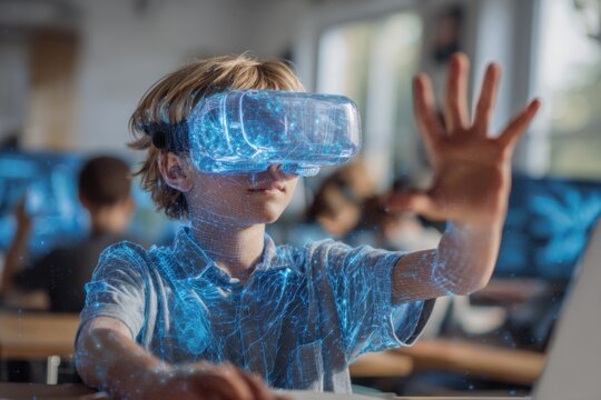 Student engaged in virtual reality learning with AI technology in classroom setting during school hours