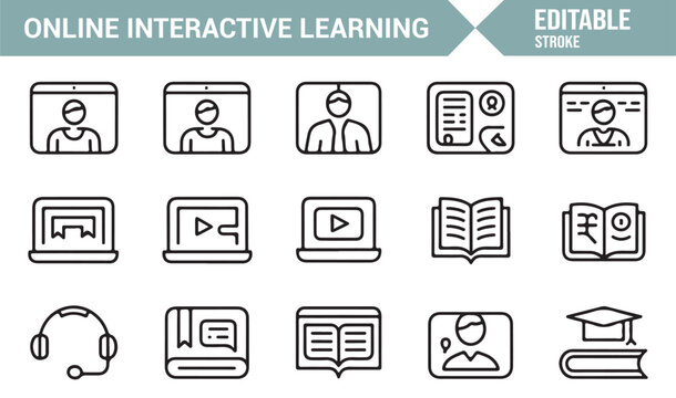 Modern outline symbols of e-learning and digital study resources