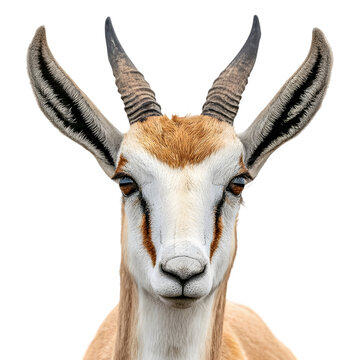 Close up portrait of a majestic springbok antelope with distinctive horns and markings isolated on transparent background