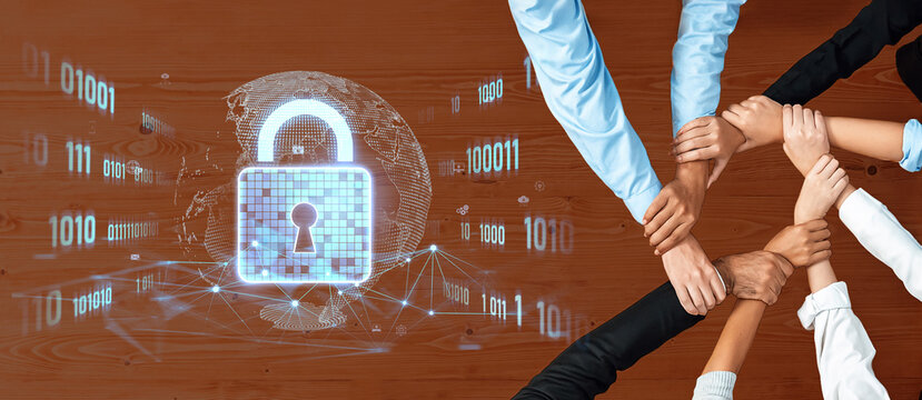 A unified group of hands gathers together around a digital lock, symbolizing collaboration and commitment to data security in a modern environment. Trope