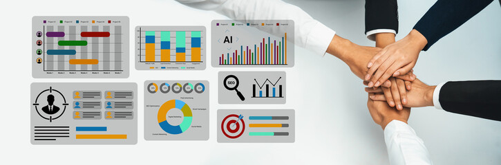 Diverse hands join together over various data visuals, illustrating teamwork and collaborative efforts in data analysis, charting success, and driving business strategies. Gantry