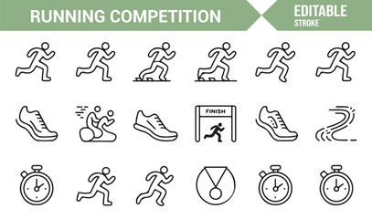 Fototapeta premium Outline icon set of runners, shoes, clocks, and medals