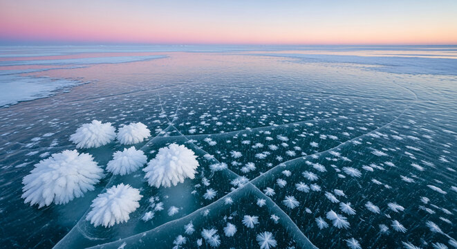 Wide shot of cracked blue ice with ice formation, creating a fragile and cold appearance, representing winter, seasonal change and frozen environment