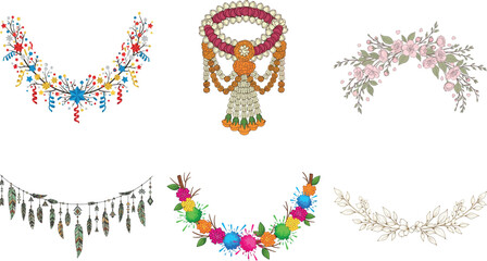 Collection of colorful floral garlands and decorative ornaments isolated on transparent background, perfect for festive occasions