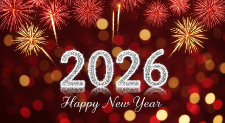 Image of fireworks and the year 2026 in silver, symbolizing celebration, festive event and holiday, perfect for New Year or achievement concept