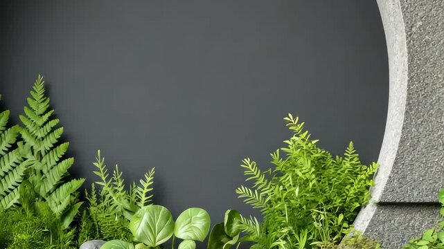 Lush green plants decorate a modern space with a dark background and a circular design feature, highlighting nature's beauty in a stylish setting