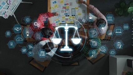 Overhead view of a diverse team engaged in a collaborative workshop focused on legal technology and innovation, surrounded by digital icons and concepts. Raster