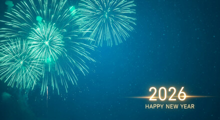 Festive teal firework against dark blue background, illuminated 2026 year number with light, representing celebration and New Year's arrival