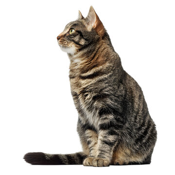 A beautiful domestic tabby cat with striking stripes sits attentively looking to the side isolated on transparent background
